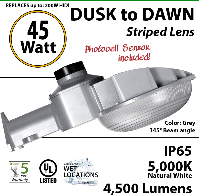 45w Led Dusk To Dawn Light 4500 Lumens 5000k Natural - 4 Vapor Proof Light Fixture Clipart (800x807), Png Download