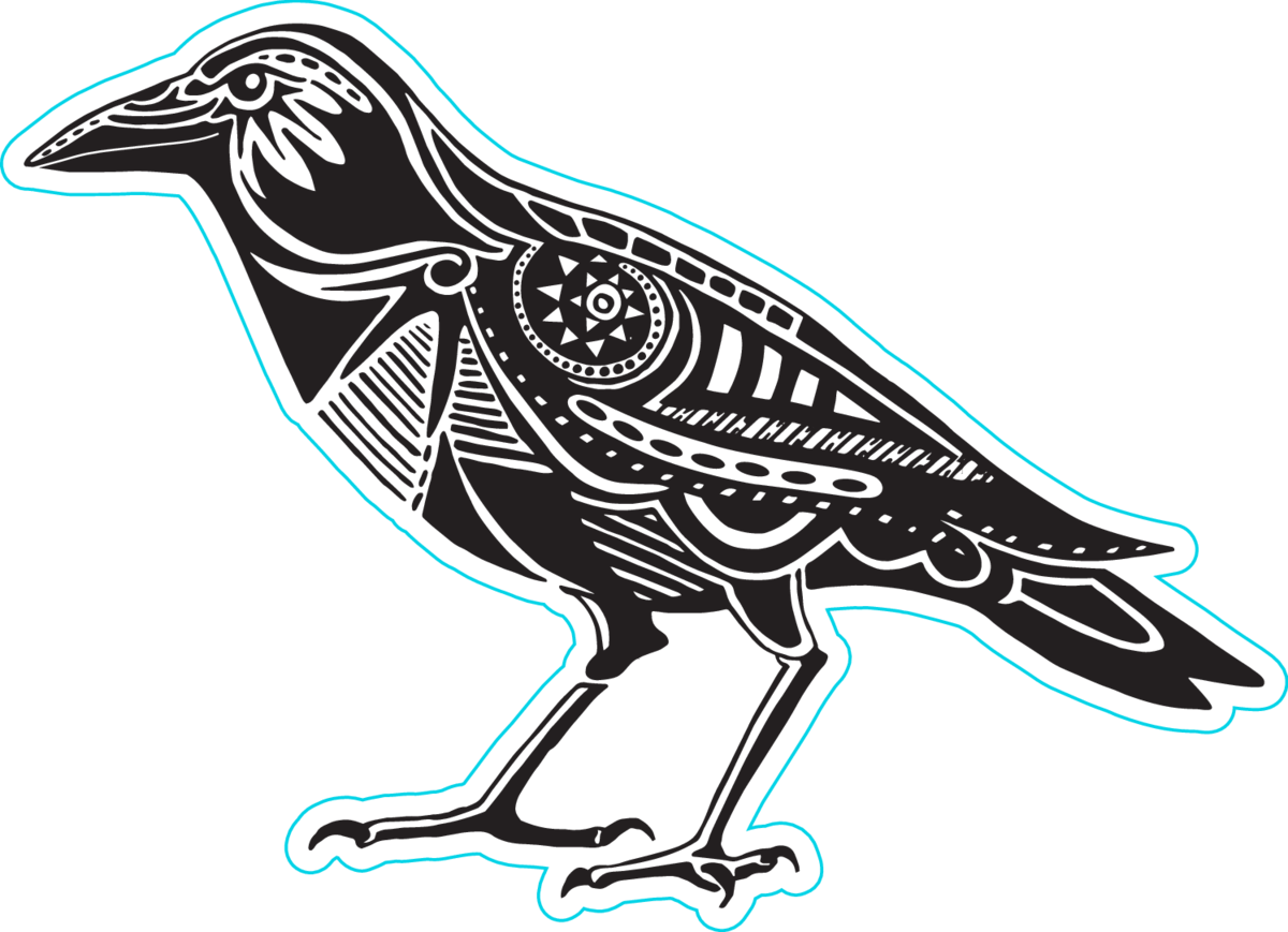 Decorated Black Raven Silhouette Sticker - Crow Art Clipart (1200x869), Png Download