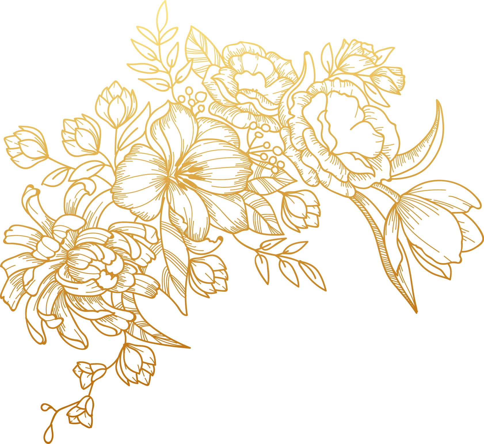 Euclidean Painted Golden Flowers Line Art Flora - Gold Flower Vector Png Clipart (1682x1542), Png Download