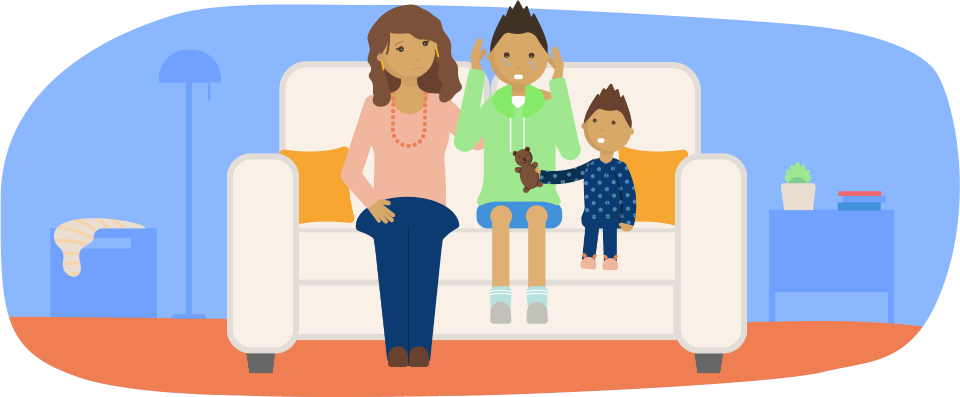 Mother And Younger Sibling Comforting A Sad Teenager - Cartoon Clipart (1920x801), Png Download