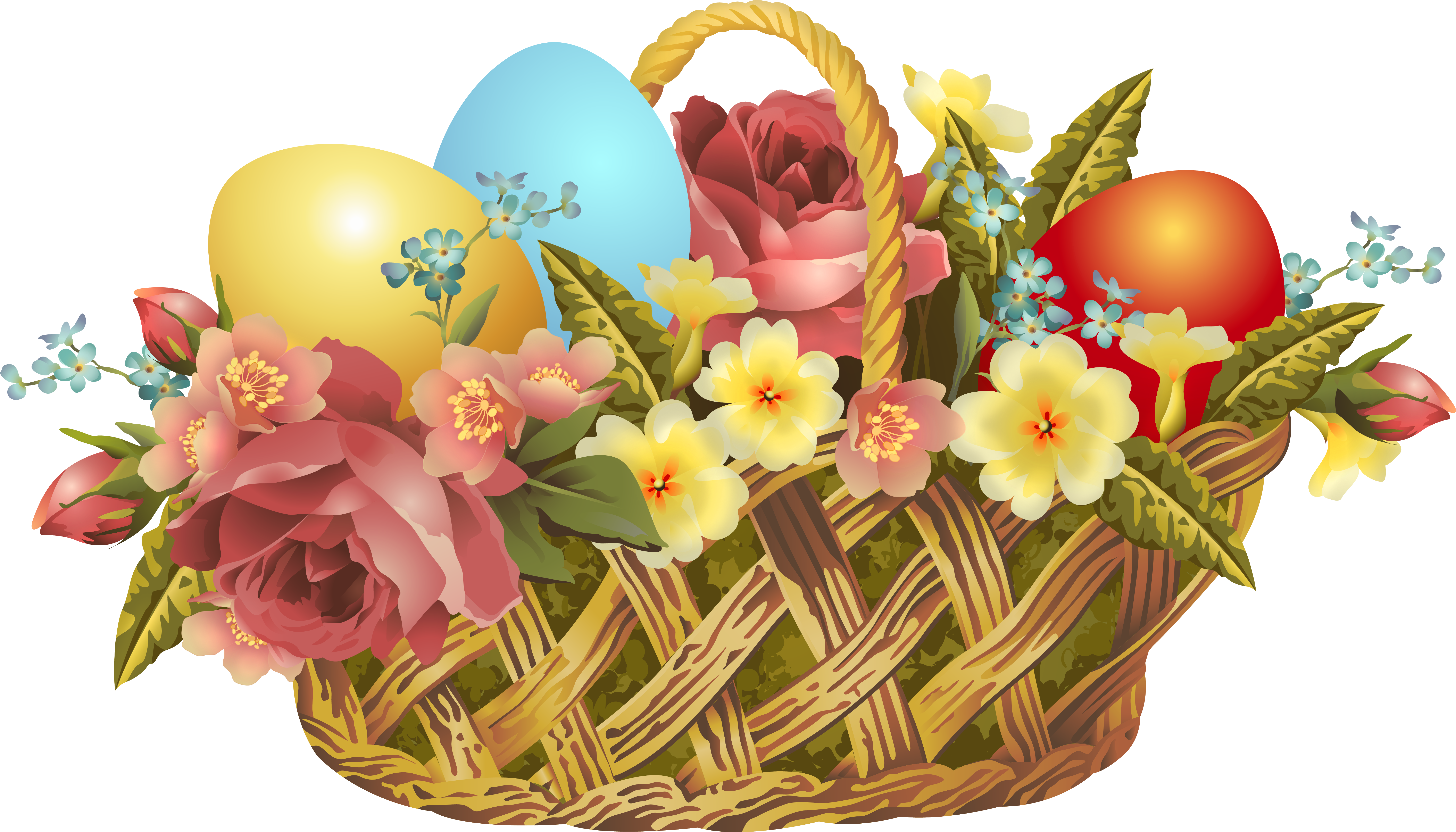 Easter Transparent Png Clip Art Image Gallery - Easter Eggs Basket And Flowers (7243x4237), Png Download