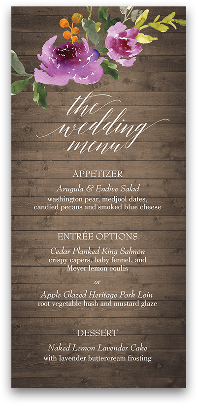 Rustic Wood Watercolor Floral Purple Wedding Menu - Pansy Clipart (900x900), Png Download