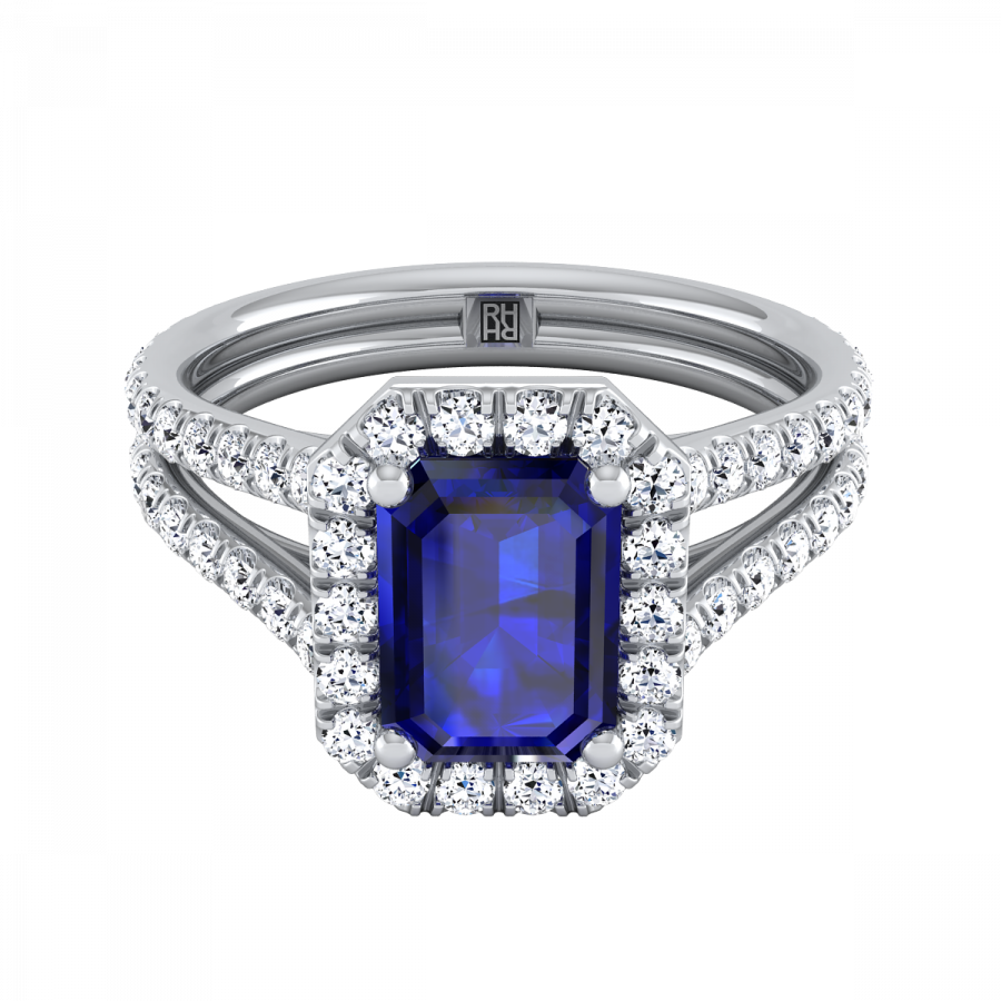 Emerald-cut Sapphire With Diamond Halo Engagement Ring - Engagement Ring Clipart (900x900), Png Download