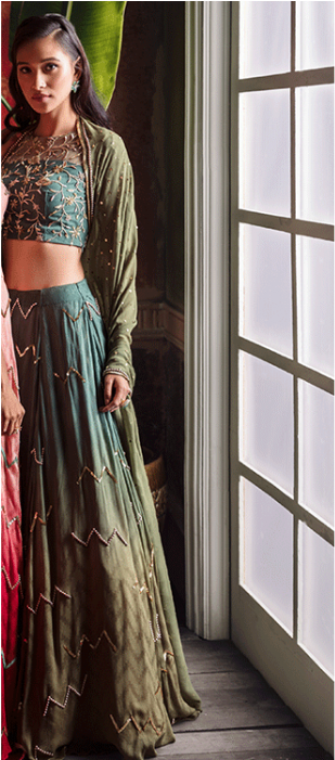 Evergreen Olive Ombre Chevron Zari Lehenga - Photo Shoot Clipart (467x700), Png Download