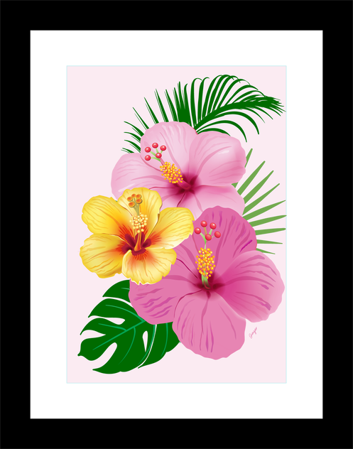 Beach Wall Art Framed Pink And Yellow Tropical Flowers, - Hawaiian Hibiscus Clipart (497x632), Png Download