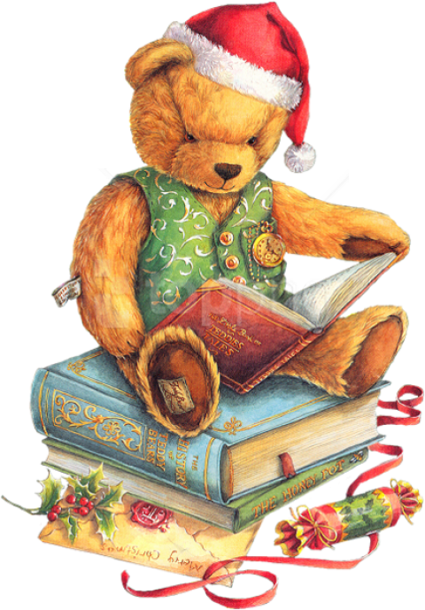 Free Png Christmas Teddy Bear With Santa Hat And Books - Christmas Clipart With Books Transparent Png (480x689), Png Download