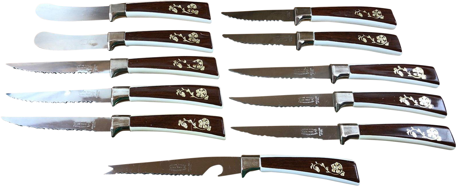 Vintage Sheffield Stainless Knife Set Flower Vine Design - Bowie Knife Clipart (1759x718), Png Download