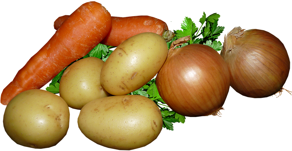 Vegetables, Potatoes, Carrots, Onions, Parsley, Cook - Onions And Potatoes Png Clipart (960x507), Png Download
