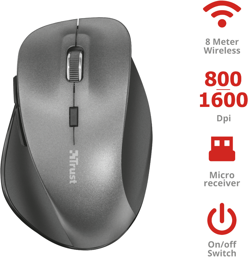 Ravan Wireless Mouse - Trust Ravan Wireless Mouse Optical Ergonomic Grey Clipart (1000x1000), Png Download