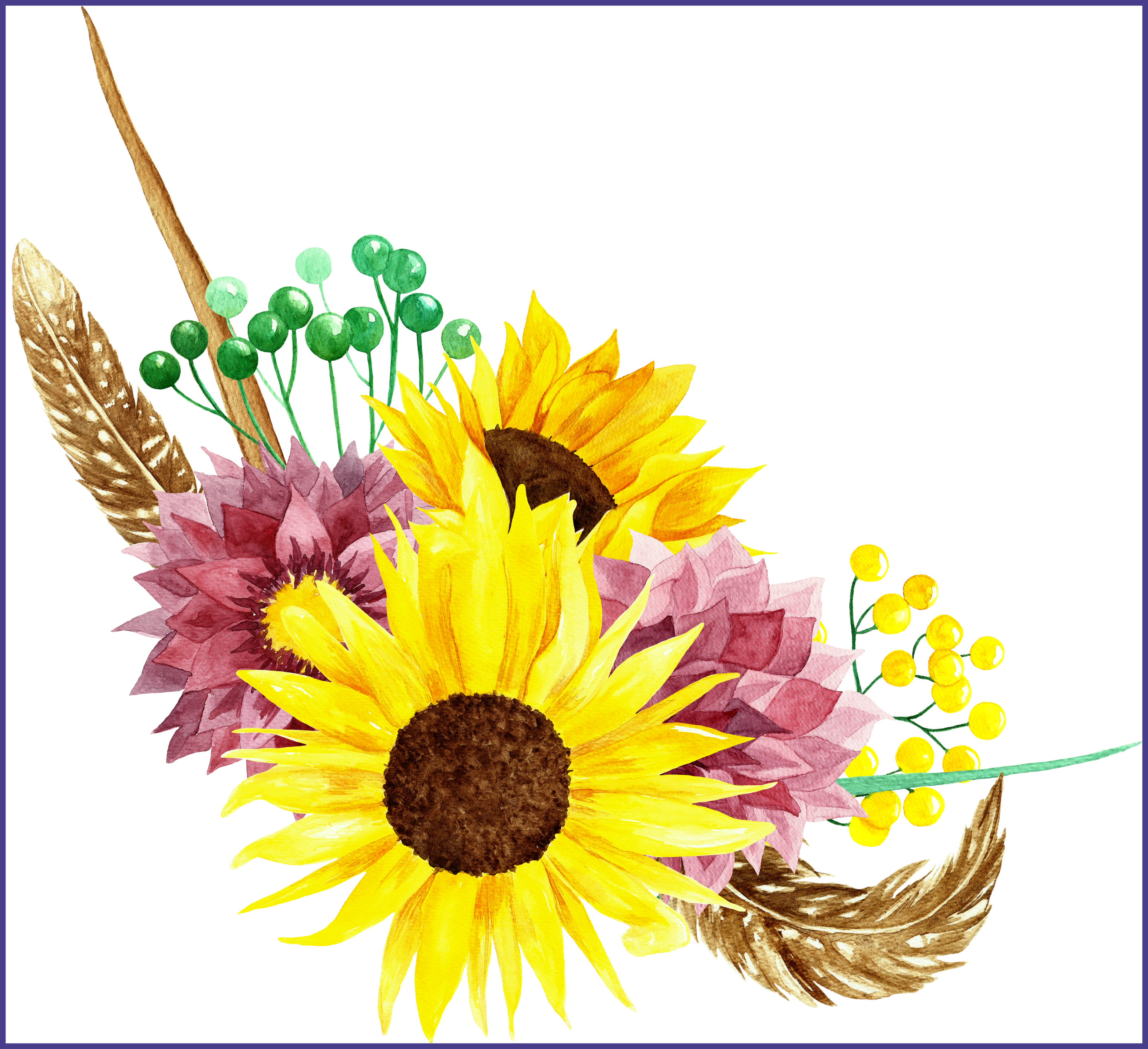 Awesome Watercolor Bouquets Flowers For Png Leaves - Sunflower Watercolor Flower Wreath Clipart (3096x2830), Png Download