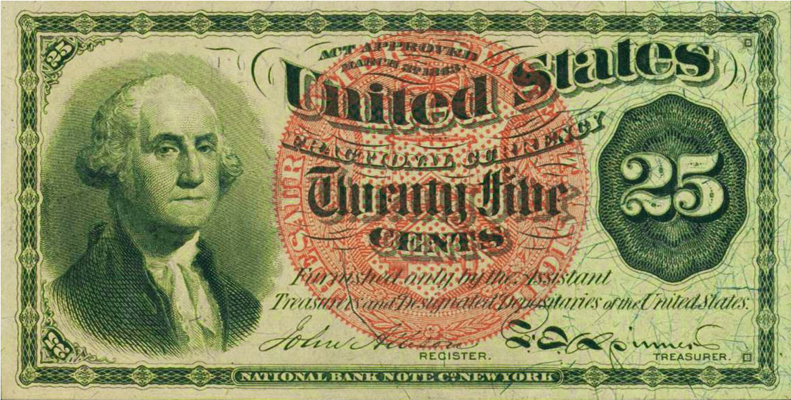 1863 "washington" Twenty-five Cents Fractional Currency - 25 Cent Bill Clipart (1440x1440), Png Download