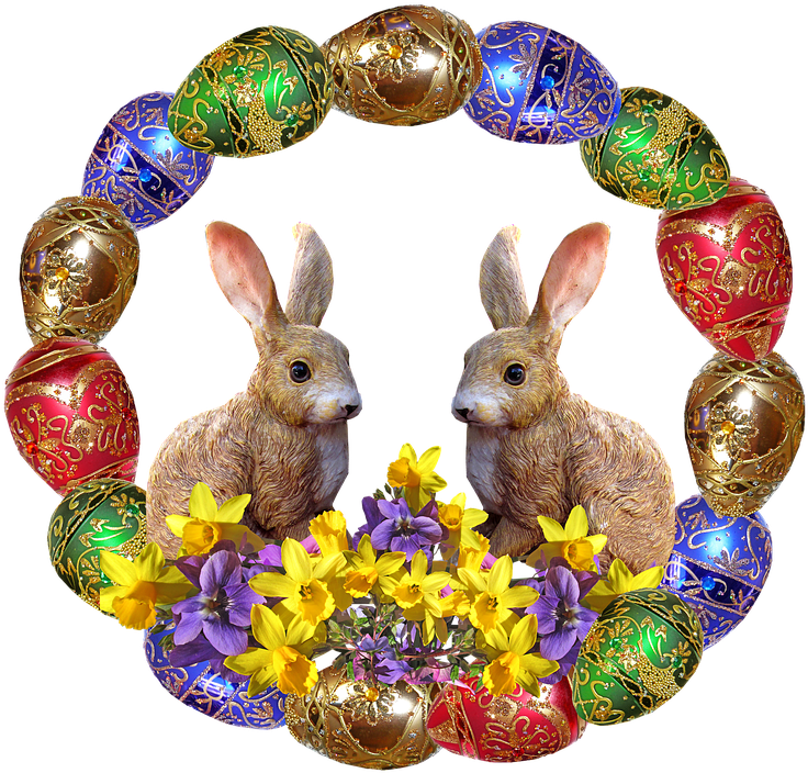 Easter, Rabbits, Flowers - Easter Clipart (736x704), Png Download