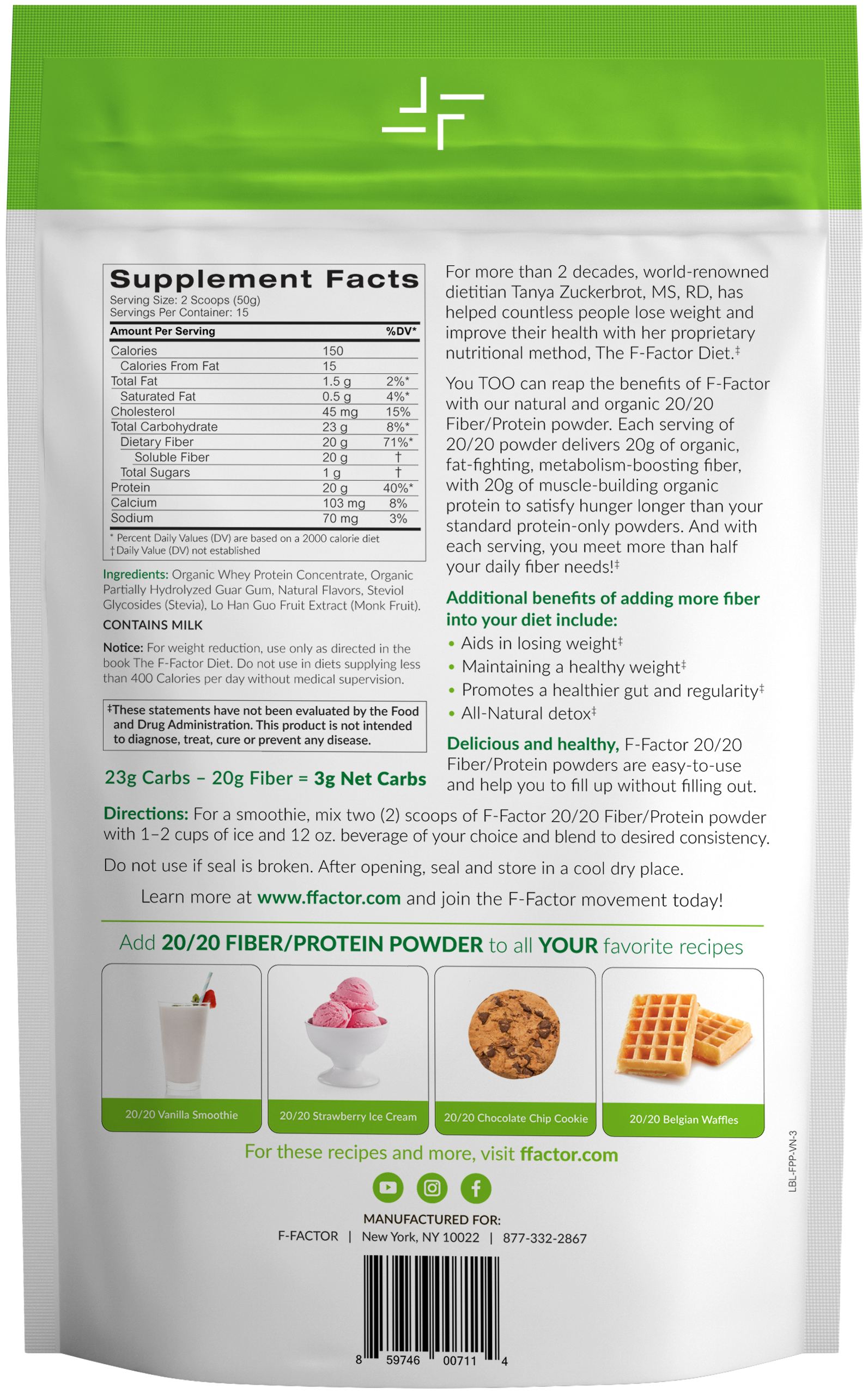 F Factor 20/20 Vanilla Protein Powder Back Label - F Factor Protein Powder Reviews Clipart (2400x3000), Png Download