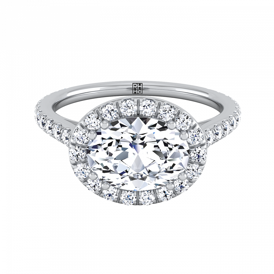 Oval Shape Diamond Halo Engagement Ring East West With - Engagement Ring Clipart (900x900), Png Download