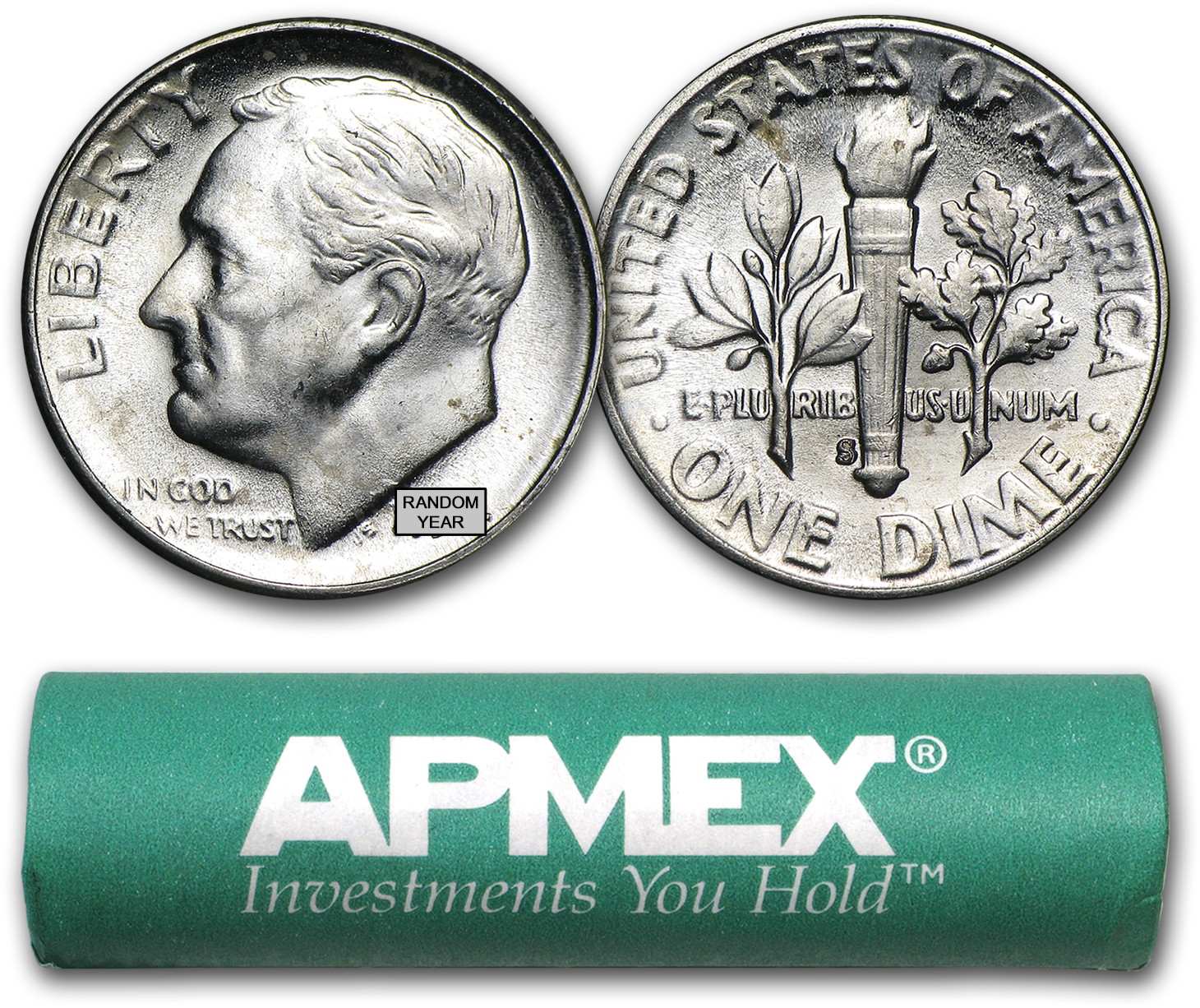 90% Silver Roosevelt Dimes $5 50-coin Roll Bu - Roosevelt Dime Clipart (1500x1500), Png Download