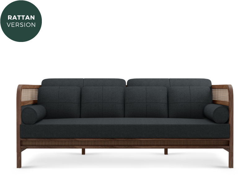 Crockford Sofa In Walnut Wood, Ratan And Black Linen - Studio Couch Clipart (960x800), Png Download