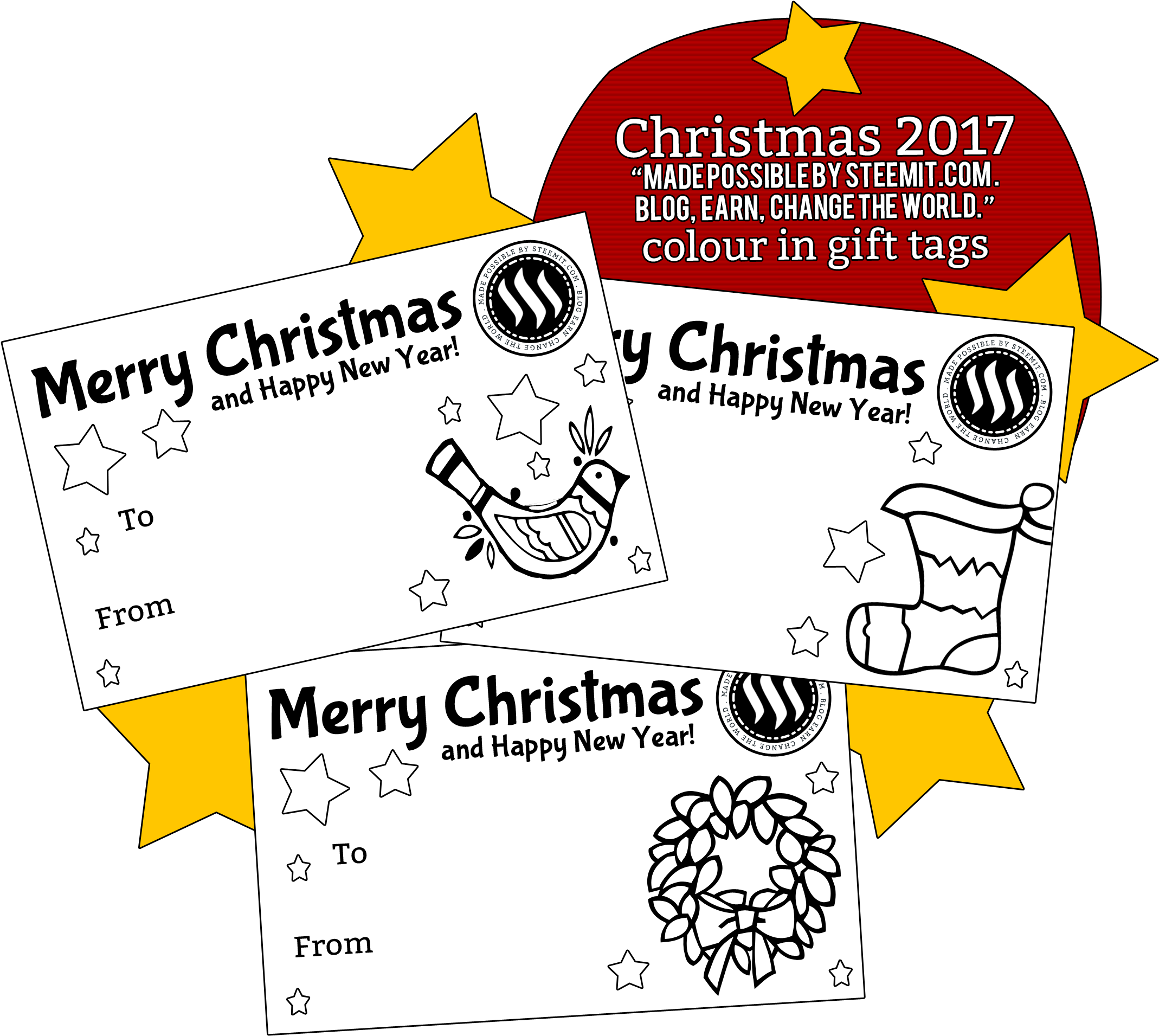 🎄 Steemit Colour In Gift Tags "made Possible By Steemit - Cartoon Clipart (2199x1953), Png Download