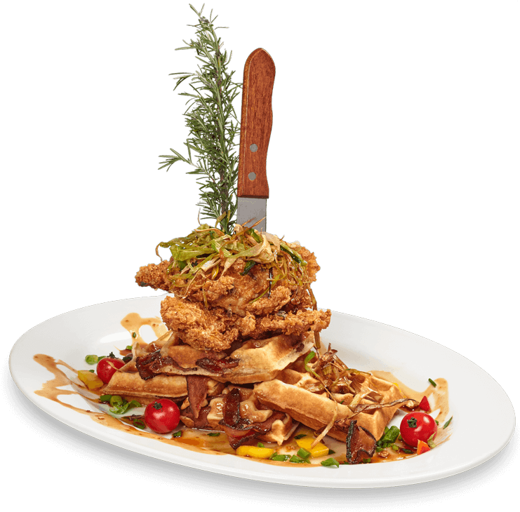 Andy's World Famous Fried Chicken Waffle Tower - Hash House A Go Go Menu Clipart (741x730), Png Download