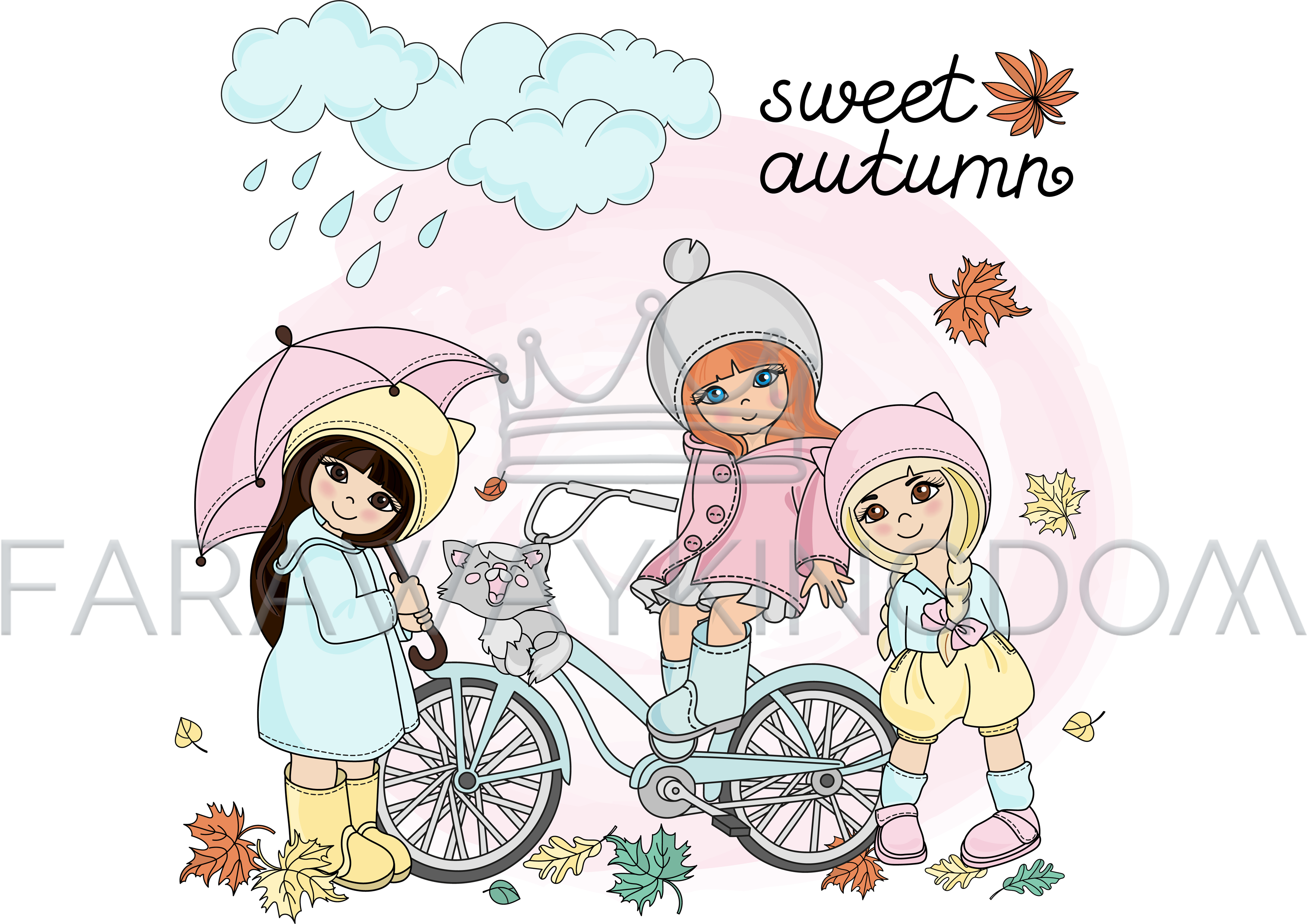 Autumn Children Rain Girls Season Vector Illustration - Illustration Clipart (3508x2480), Png Download