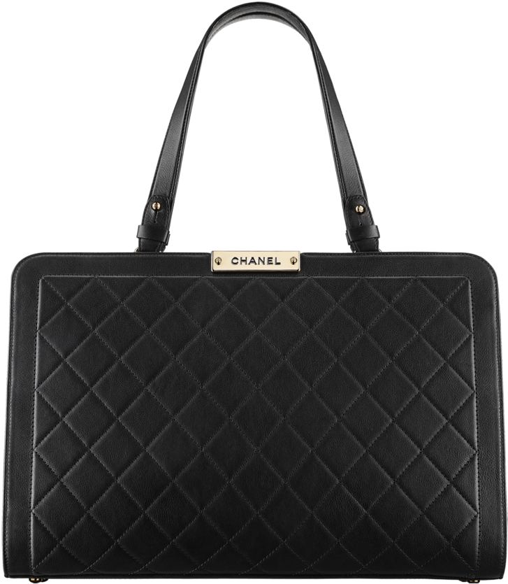 Large Shopping Bag, Calfskin & Gold Tone Metal Black - Tote Bag Clipart (727x835), Png Download