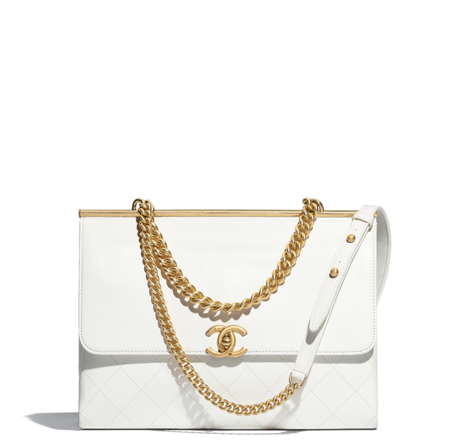 Flap Bag, Lambskin & Gold Tone Metal White - White Chanel Bag Png Clipart (902x1152), Png Download