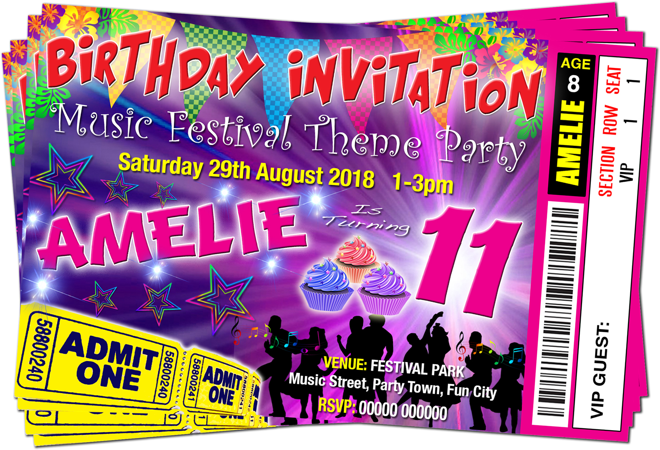 Music Festival Theme, Ticket Style, Pink Birthday Party - Festival Themed Birthday Party Invite Clipart (2362x1594), Png Download