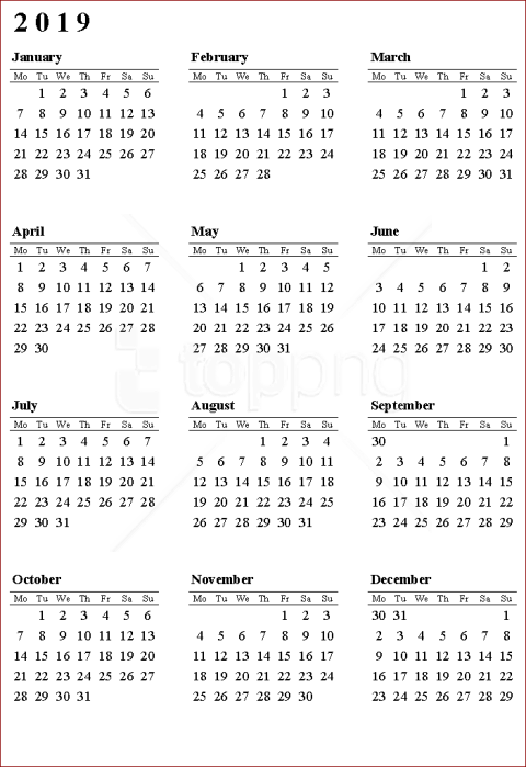 Free Png 2019 Calendar Png Pics Png Images Transparent - Annual Calendar 2019 Uk Clipart (480x699), Png Download
