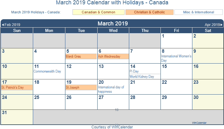 March 2019 Calendar Holidays Canada - Holidays In March 2019 Clipart (728x427), Png Download