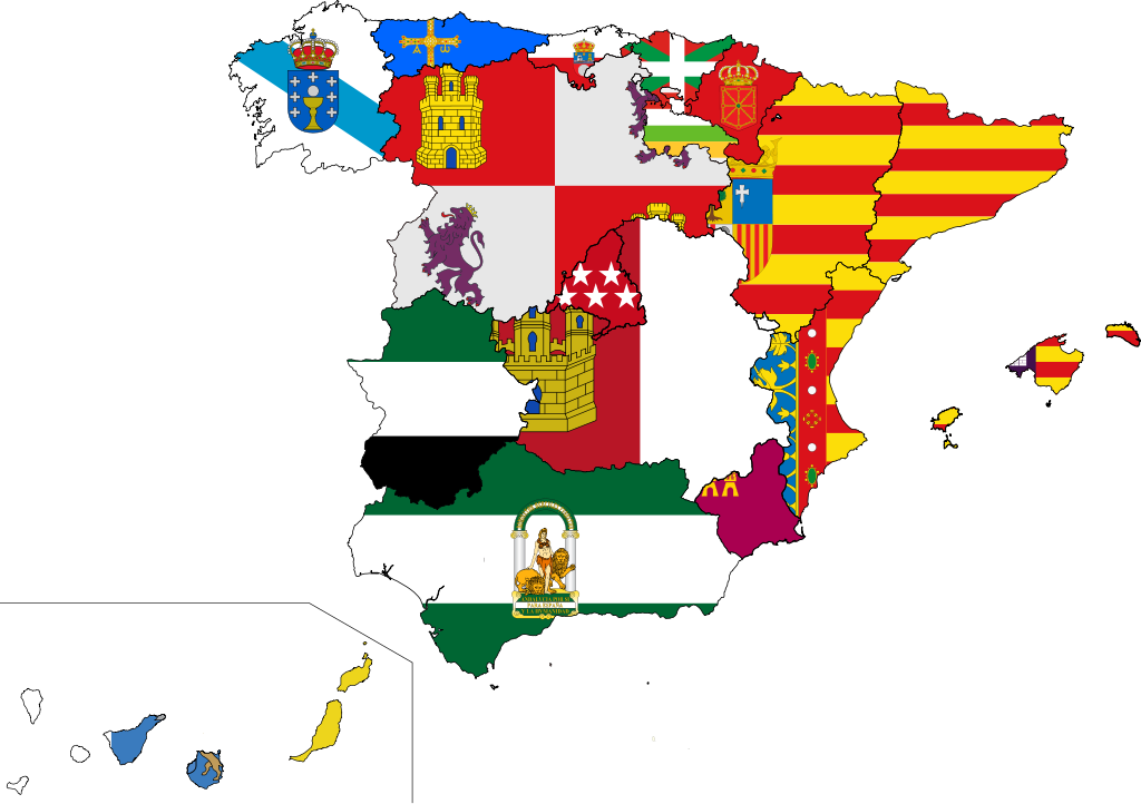 The Flag Of Spain, - Spain Regions Flag Map Clipart (1024x722), Png Download