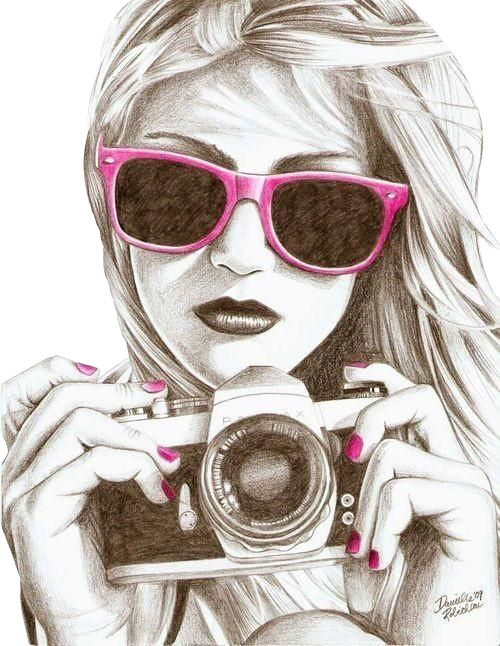 Girl, Pink, And Camera Image - Black And White Drawing With Color Clipart (500x646), Png Download
