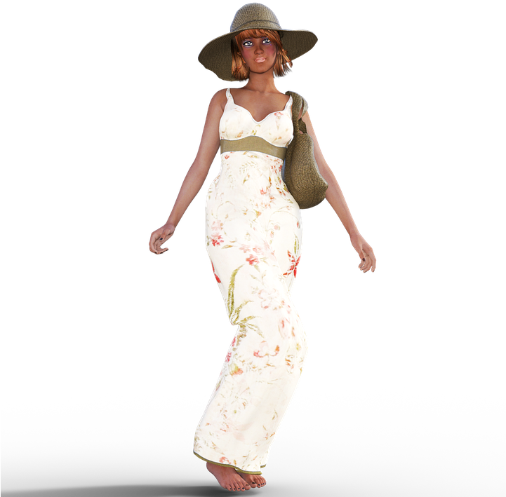Woman Summer Dress Hat Girl Bag Flowers - Girl Summer Png Clipart (720x720), Png Download