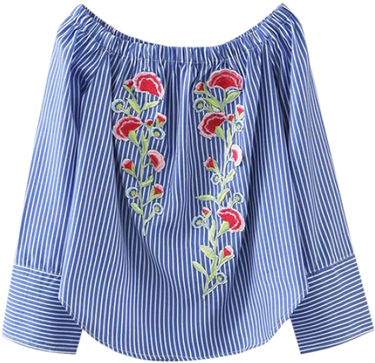 Fancy Embroidered Off Shoulder Striped Blouse - Off Shoulder Striped Shirt Clipart (558x744), Png Download