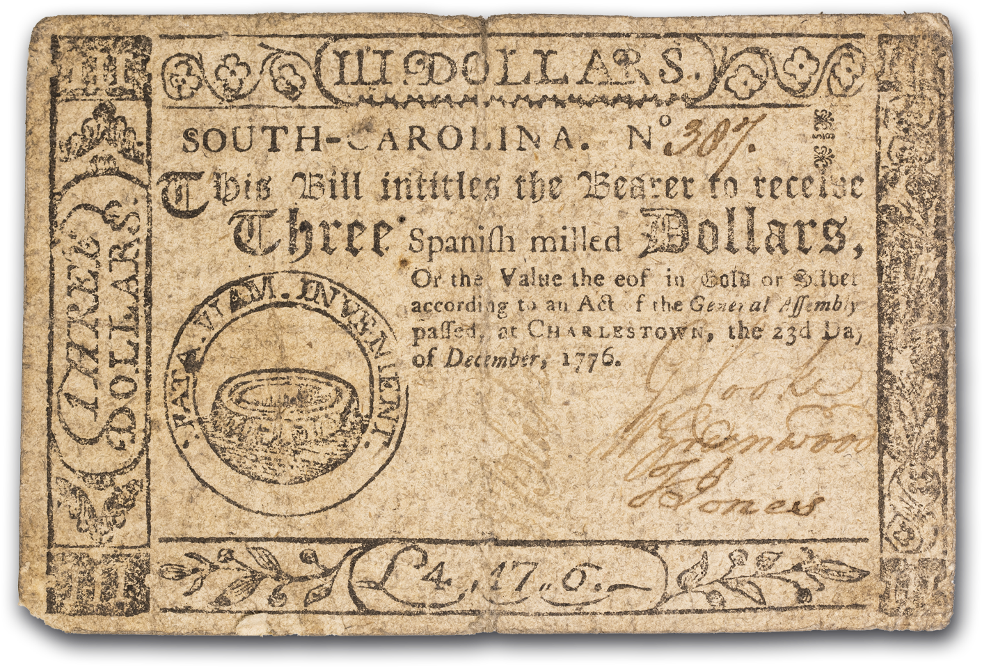 1776 3 Dollars South Carolina Note 12/23/1776 Vf - Circle Clipart (1500x1500), Png Download