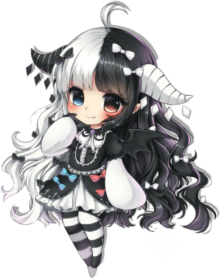 #chibi #demon #cute #black#blackandwhite #anime #kawaii - Anime Girl Half Black And White Hair Clipart (757x953), Png Download