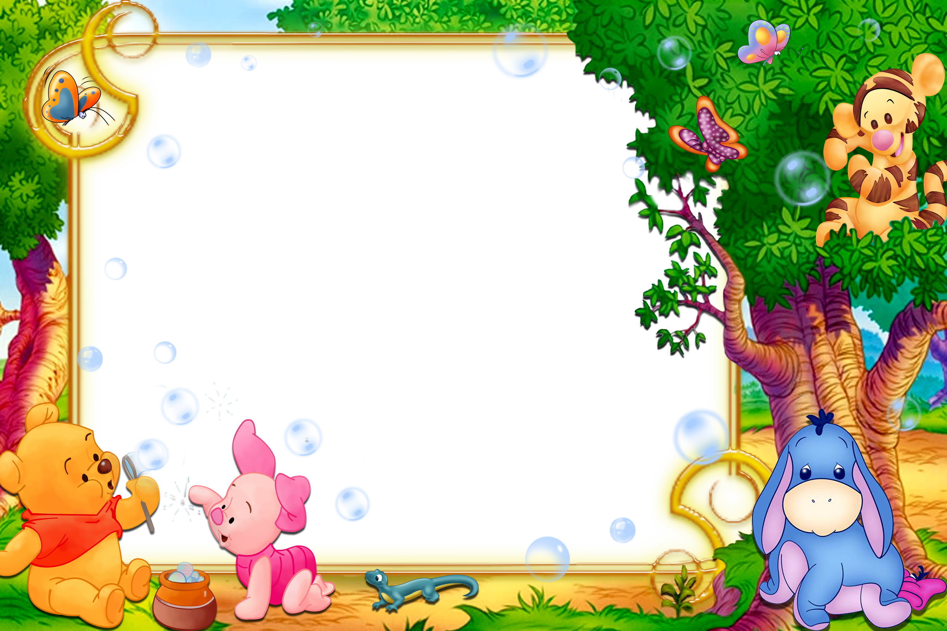 Kids Transparent Frame With Winnie The Pooh - Winnie The Pooh Birthday Background Clipart (3072x2048), Png Download