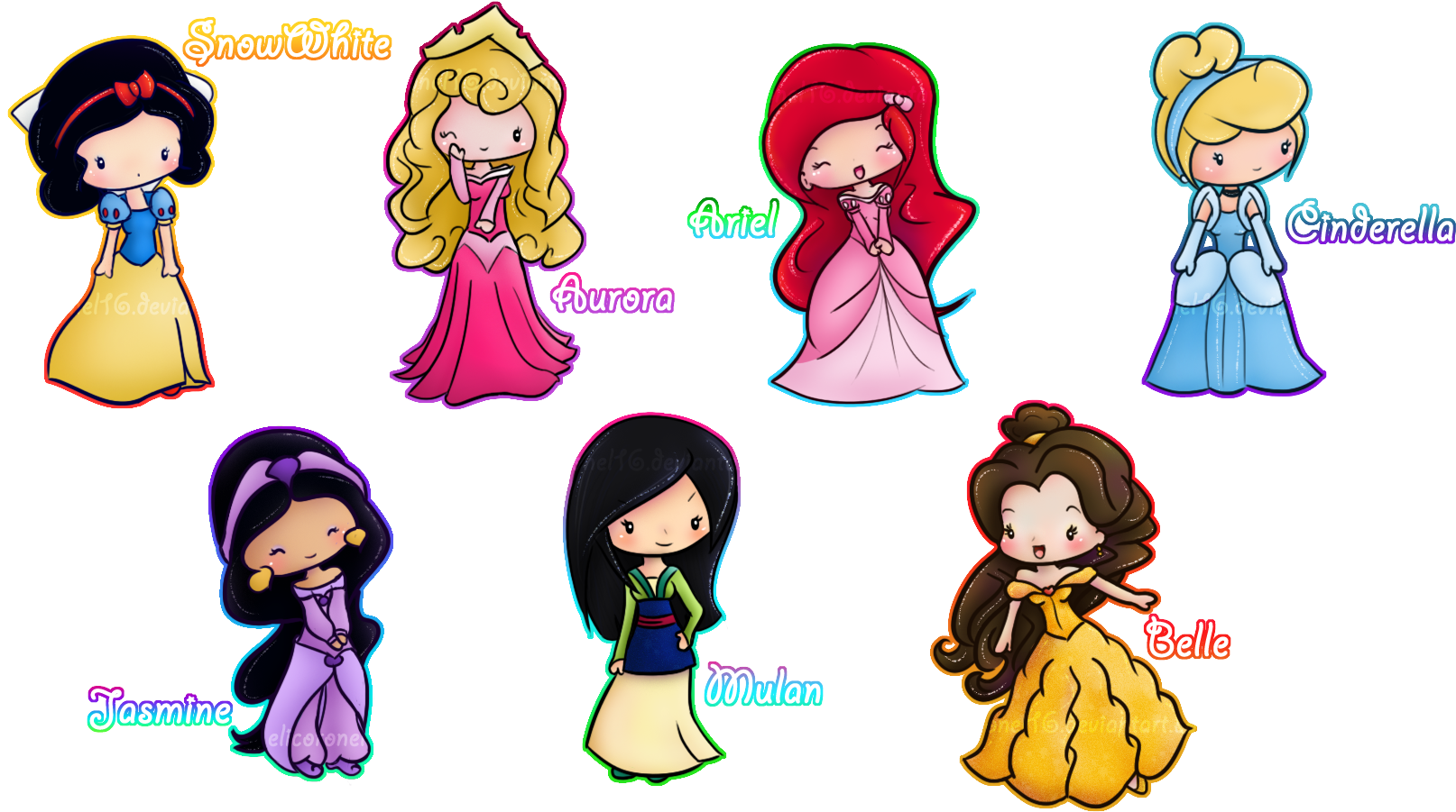 Disney Princesses Clipart 3 Princess - Cute Drawings Of Disney Princesses Chibi - Png Download (2000x1000), Png Download