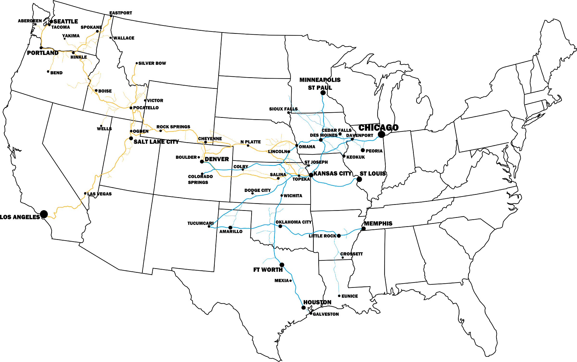 Map Showing The Combined Union Pacific And Rock Island - Map Clipart (2400x1509), Png Download