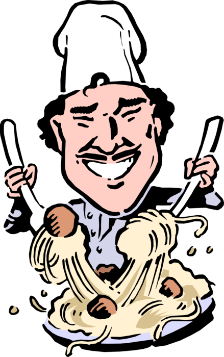 Vector Illustration Of Italian Chef Tosses Pasta Spaghetti - Cartoon Koch Clipart (439x700), Png Download