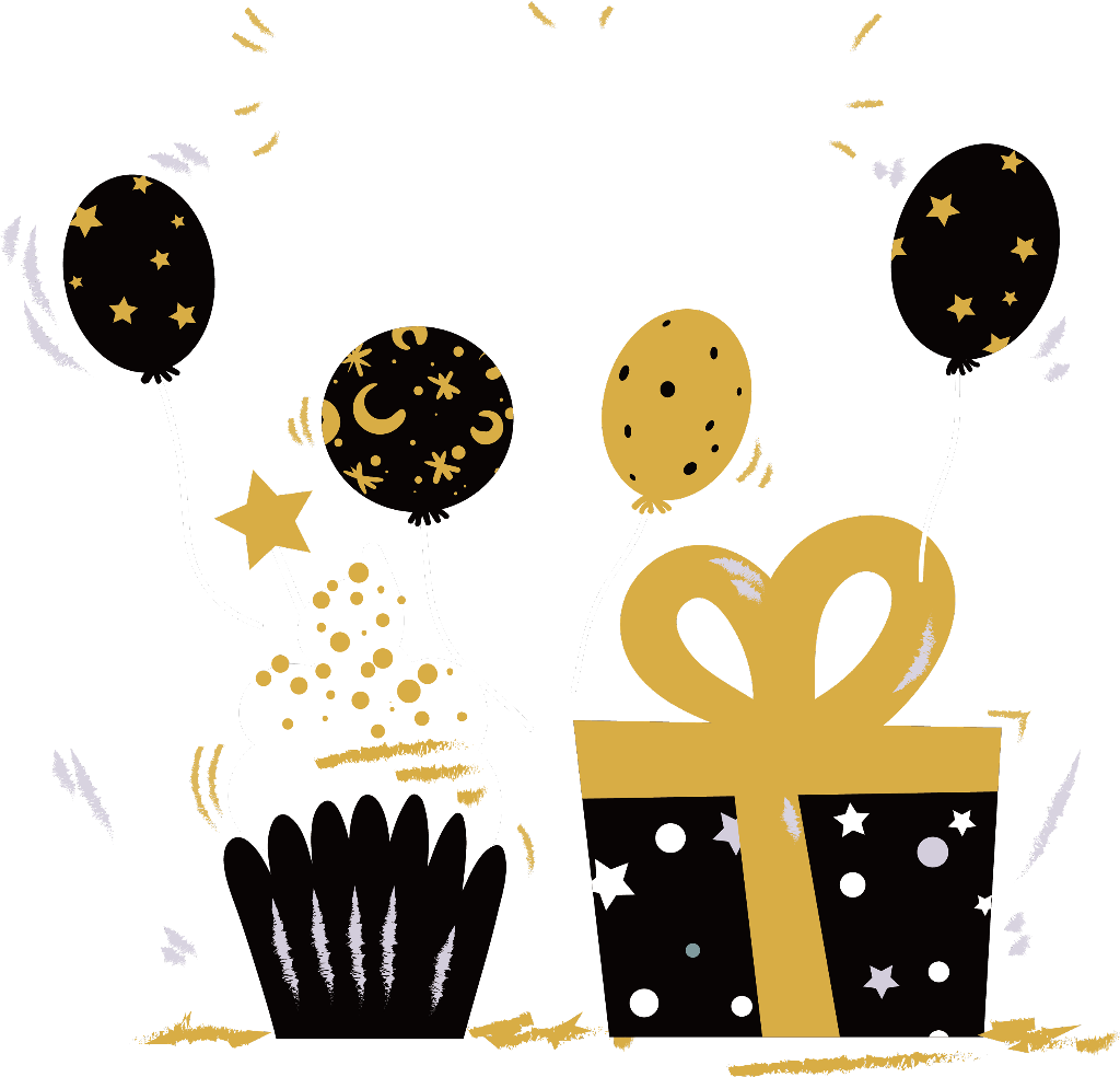 #party #cupcake #gift #balloons #dots #black #gold - Birthday Clipart (1024x984), Png Download