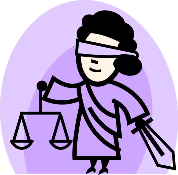Vector Illustration Of Justice Scales With Blindfolded Clipart (709x700), Png Download