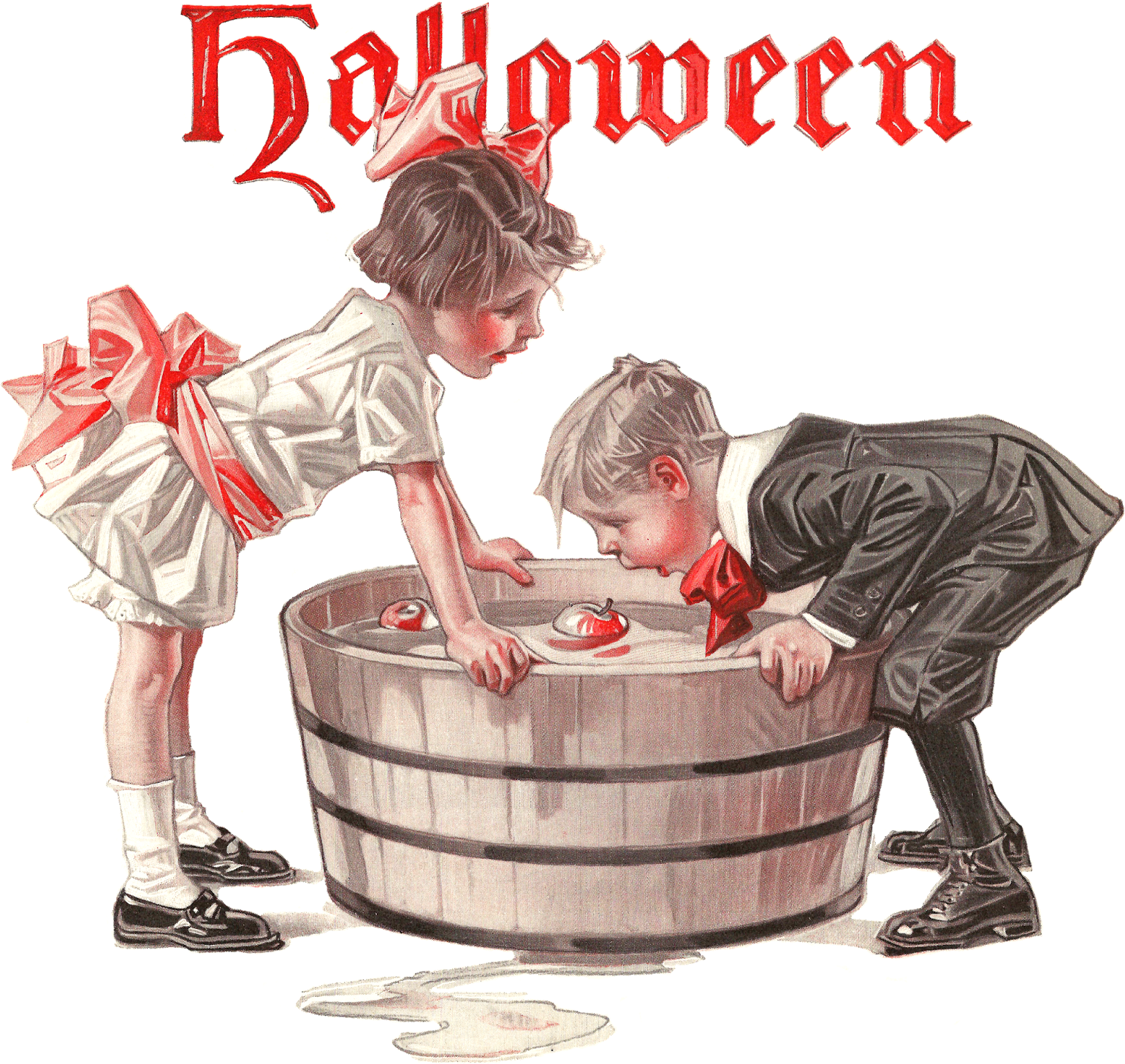 Antique Halloween Digital Download - Bobbing For Apples Clipart - Png Download (1600x1495), Png Download