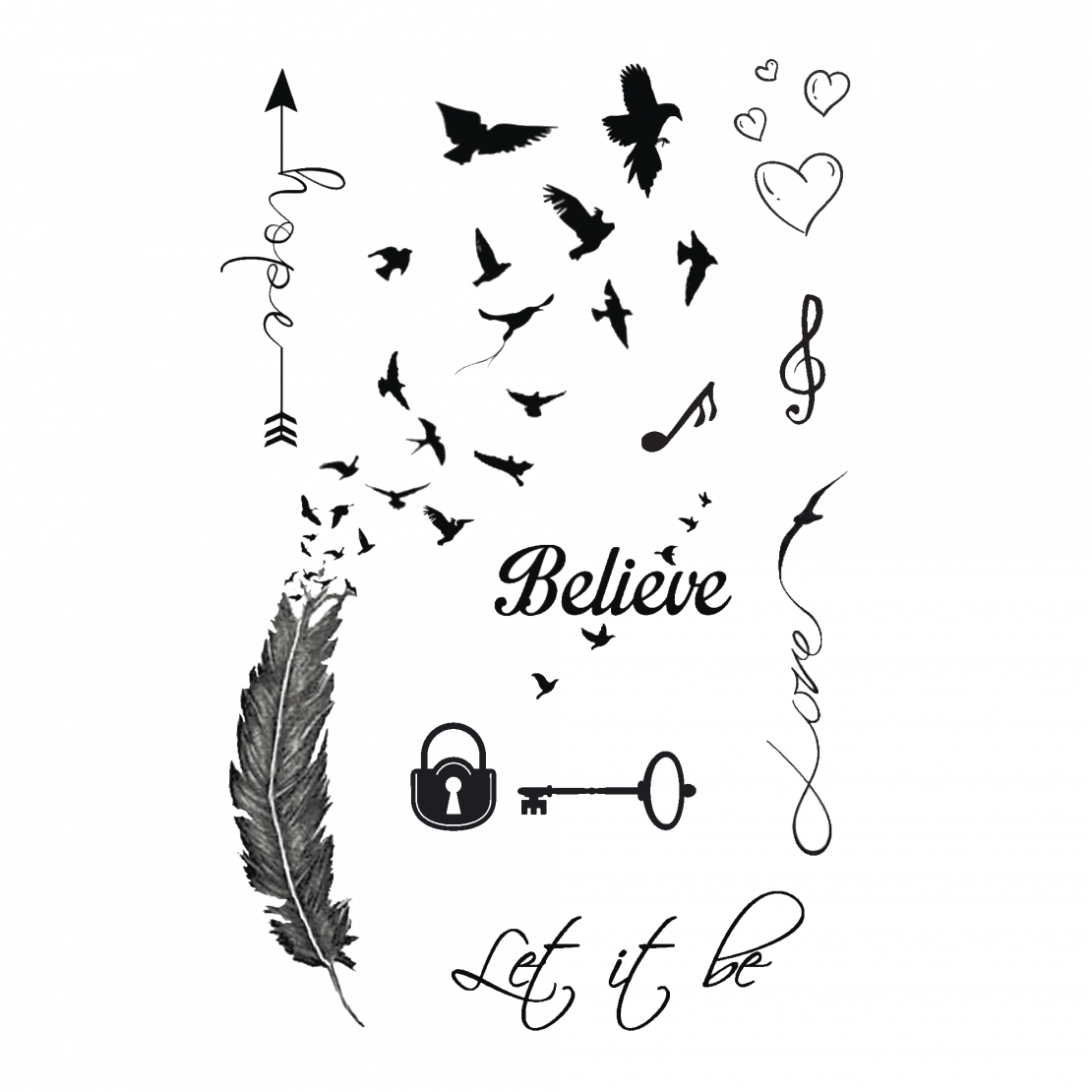 Temporary Tattoo “believe, Hope, Love” Set - Feathers Into Birds Tattoo Clipart (1110x1110), Png Download