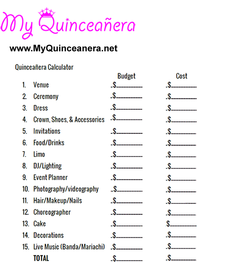 Quinceañera Budget Calculator - Xv Años Lista De Padrinos Para Quinceañera Clipart (792x972), Png Download