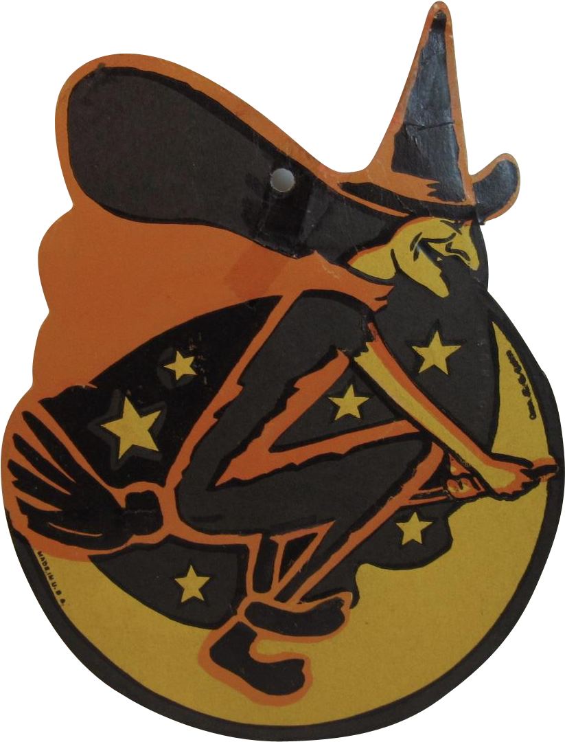 Vintage Halloween H E Luhrs Witch On Broomstick And - Frog Clipart (1079x1079), Png Download