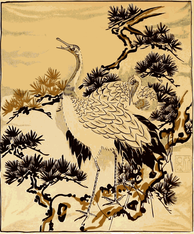 Japanese Art Red-crowned Crane Common Crane Drawing Clipart (621x750), Png Download