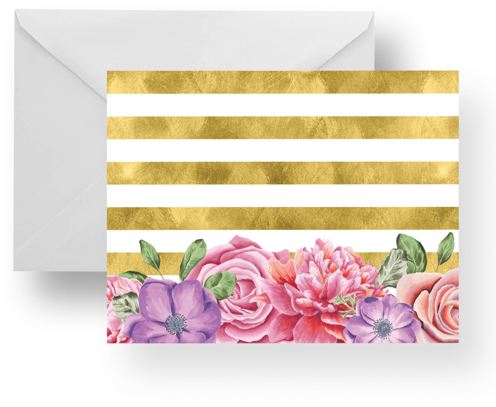 Floral Gold Stripes Note Card Set - Chrysanths Clipart (966x793), Png Download