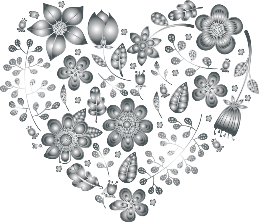 Flower Grayscale Black And White Floral Design Drawing - Transparent Floral Heart Black Clipart (876x750), Png Download