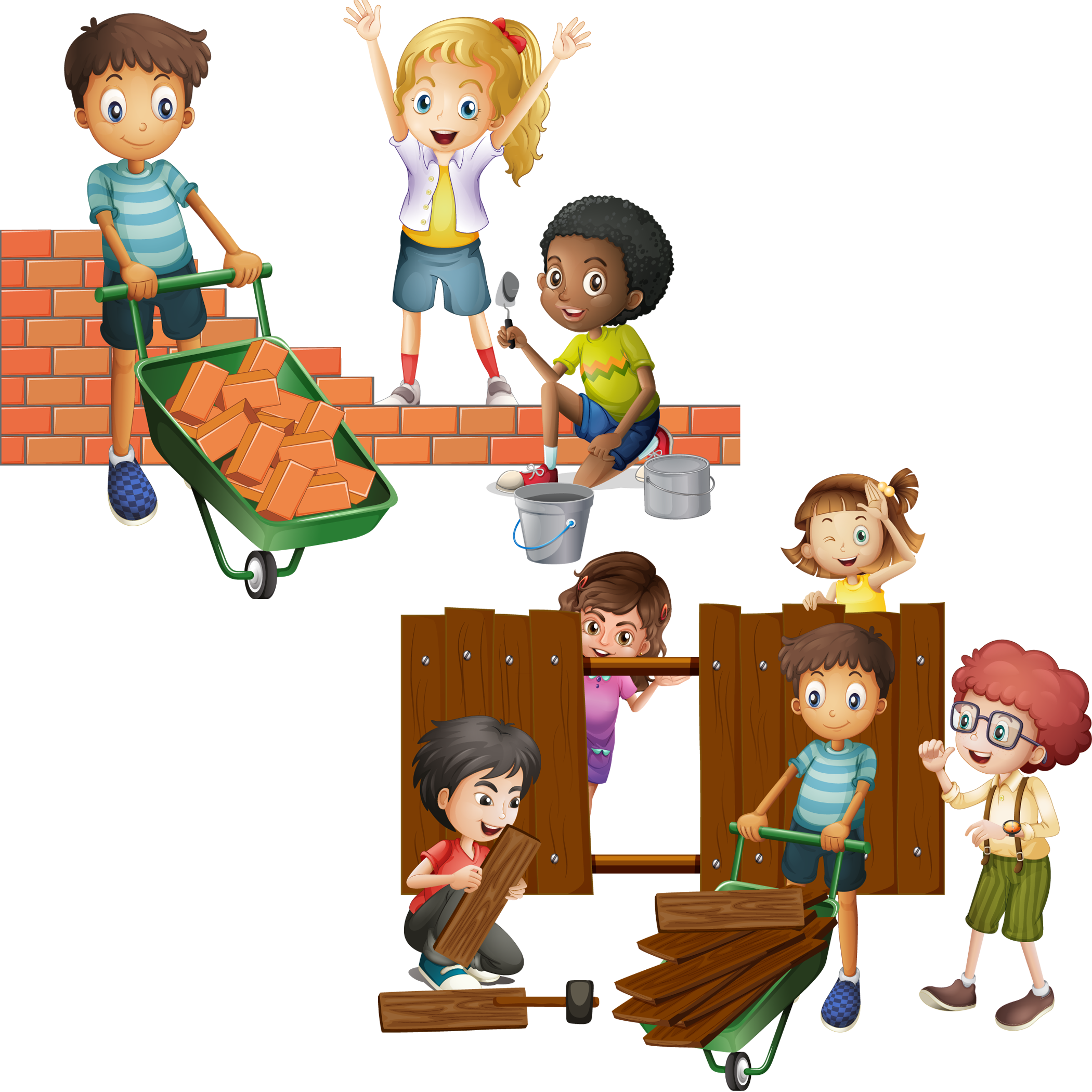 Wall Brick Building Clip Art Child And - Building A Fence Cartoon - Png Download (2100x2100), Png Download