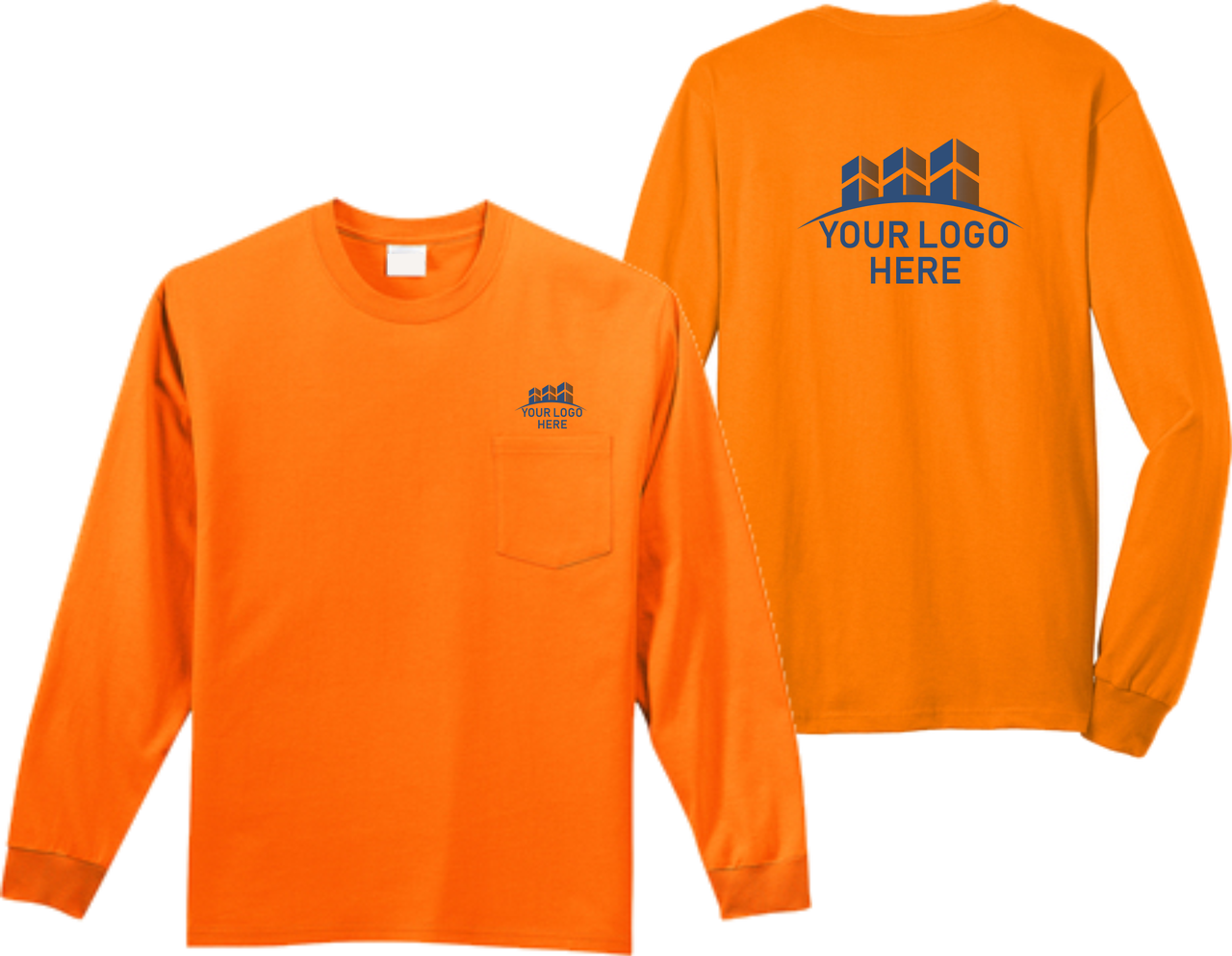 Safety Orange Pocket Long Sleeve T Shirt Front And Clipart (1280x993), Png Download