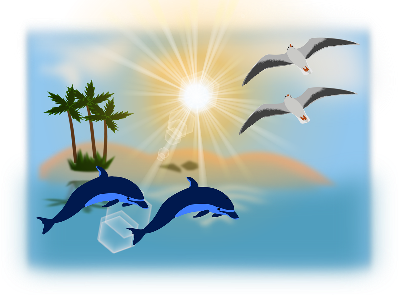 Palm Trees Beach Sea Dolphin Png Image - Ocean Clip Art Transparent Png (1280x949), Png Download